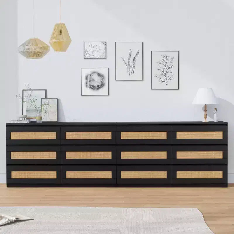 Rattan-Kommode für Schlafzimmer mit 6 Schubladen, 47" moderne Farmhouse breite Kommode, Holz-Aufbewahrungsschrank-Organizer für Kleiderschrank, Wohnzimmer, Flur