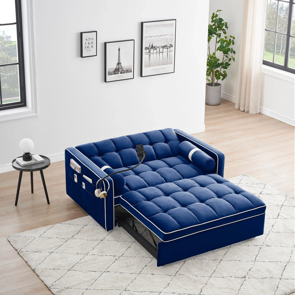 Samt-Schlafsofa zum Umbauen, 140 cm, 2-Sitzer, mit Ausziehbett, verstellbarer Rückenlehne, Seitentaschen und Handyhalterung
