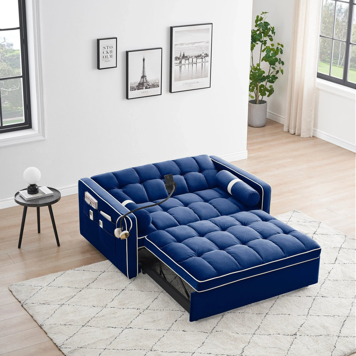 Samt-Schlafsofa zum Umbauen, 140 cm, 2-Sitzer, mit Ausziehbett, verstellbarer Rückenlehne, Seitentaschen und Handyhalterung