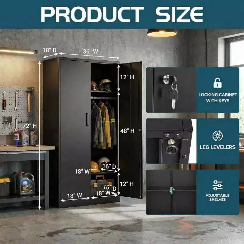 72 Zoll Kleiderschrank mit Schloss, schwarzer Metall-Garagenschrank mit verstellbaren Einlegeböden und Kleiderstange, Metallschrank für Zuhause, Schlafzimmer