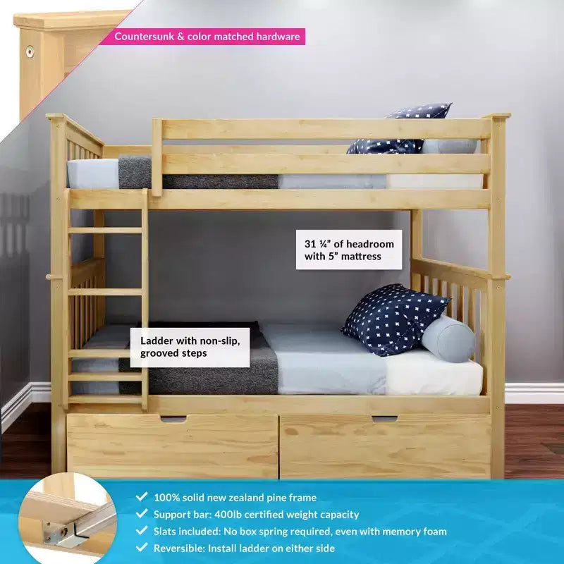 Massivholz-Etagenbett für Kinder (Twin über Twin) mit Schubladen unter dem Bett