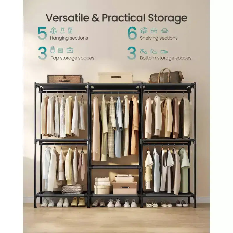 SONGMICS Kleiderständer, Schwerlast-Garderobenschrank-Organizer mit Kleiderstangen und Regalen, Gesamtbelastbarkeit 135 kg, einfache Montage, Tintenschwarz