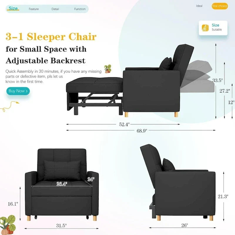 AECOJOY 3-in-1 Schlafsofasessel mit Kissen und verstellbarer Rückenlehne