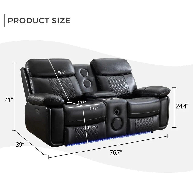 Elektrisches Liegesofa mit kabelloser Ladestation, Leselampe, LED-Beleuchtung für Wohnzimmer, Kunstleder, AC-/USB-Anschluss, Getränkehalter, Schwarz