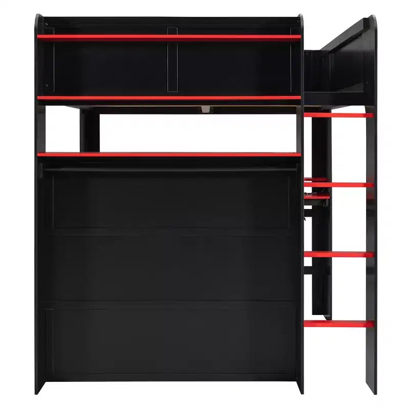 Luxystar Hochbett in voller Größe mit beleuchtetem, verstellbarem Schreibtisch, offenem Kleiderschrank und Bücherregal