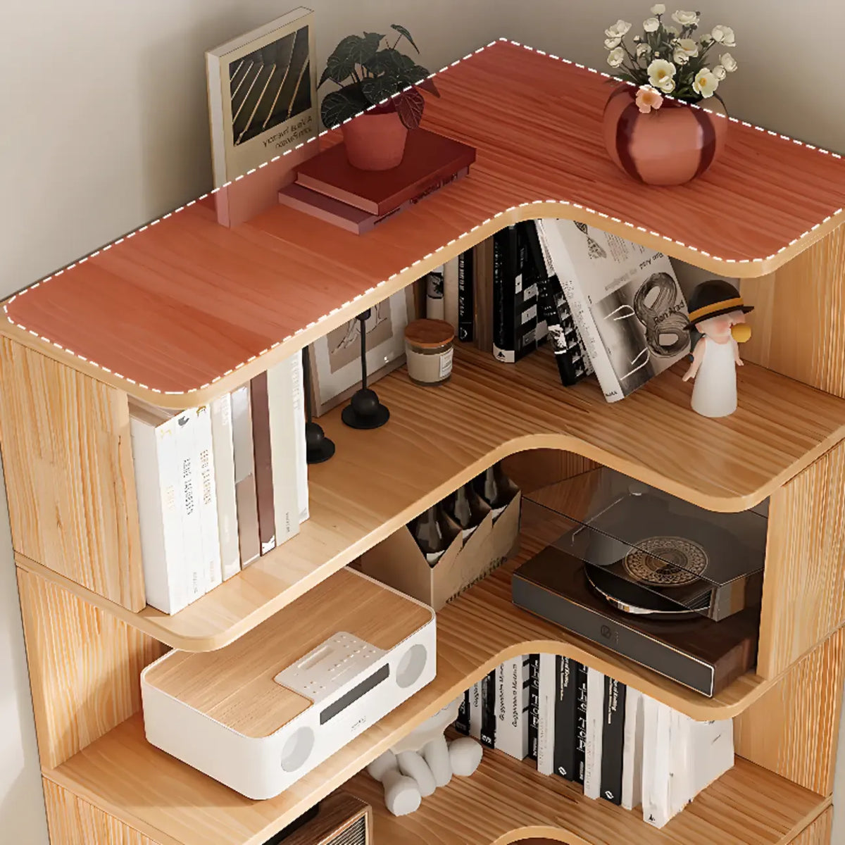 L-förmiges offenes Bücherregal aus Holz mit Naturfinish