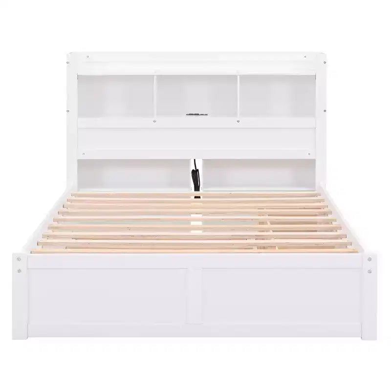 Plattformbett in voller Größe mit Stauraum, Ausziehbett, Kopfteil mit Bücherregal und Ladestation, Bettgestell aus Holz in voller Größe mit Regalen und Schubladen