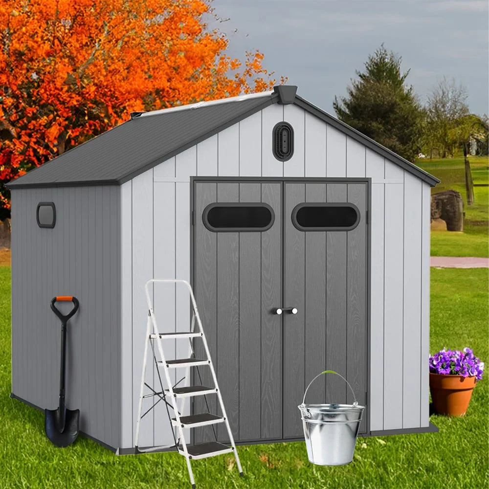 2 x 1,2 m/2 x 2,4 m/2,4 x 1,8 m/2,4 x 3 m Allwetter-Gartenhaus aus Harz mit Bodenplatte, Spire-Geräteschuppen