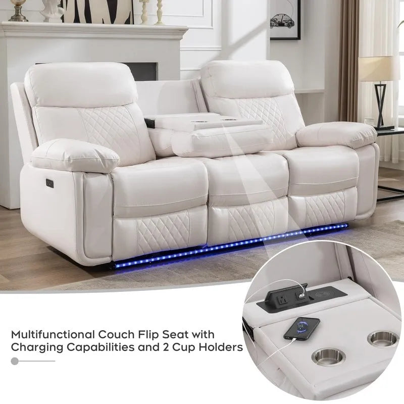 Elektrisches Liegesofa mit kabelloser Ladestation, Leselampe, LED-Beleuchtung für Wohnzimmer, Kunstleder, AC-/USB-Anschluss, Getränkehalter, Schwarz