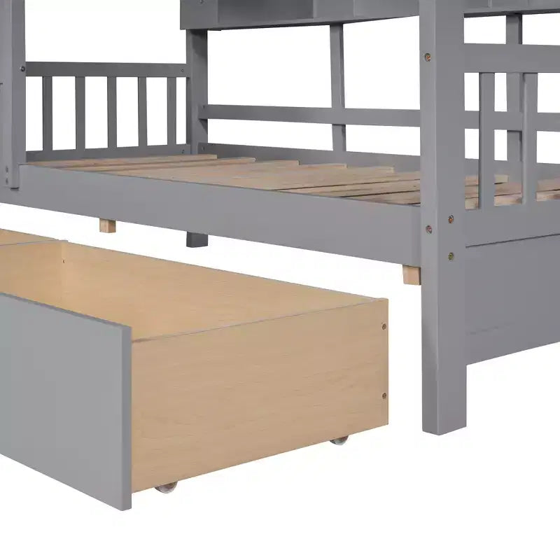Hausbett aus Holz in Twin-/Full-Size mit 2 Schubladen, Kinderbett mit Ablageregal - ModernLuxe