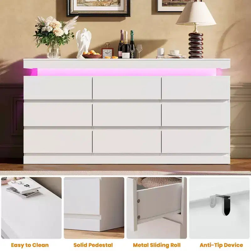 9 Schubladen Kommode für Schlafzimmer, Schubladenschrank mit Ladestation & LED-Beleuchtung, Doppel-Holz-Kleiderschrank, Moderne Kommode TV-Ständer