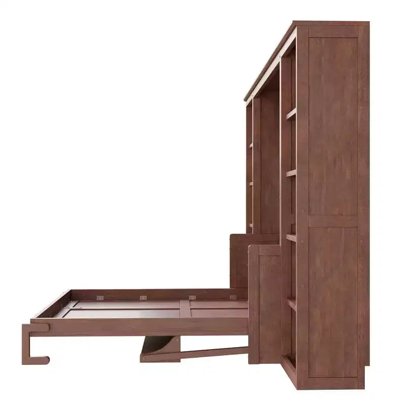 Wandklappbett für Doppel-/Queensize-Betten, platzsparendes Wandbett mit Schreibtisch und Bücherregal, Dunkelbraun – ModernLuxe