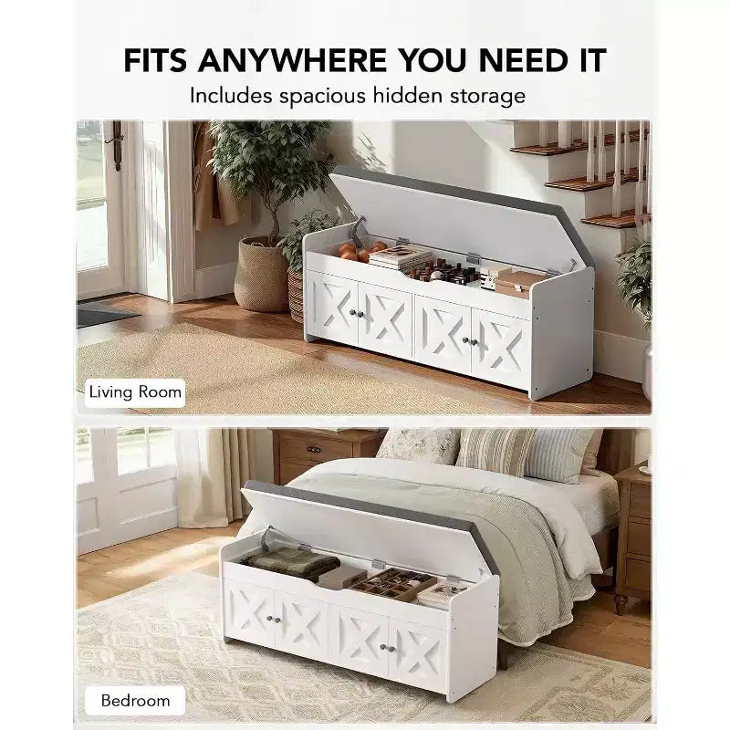 Schuhbank, 120 cm lange Flurbank mit gepolsterter Sitzfläche, aufklappbarem Stauraum, 4 Türen, 136 kg Tragfähigkeit, Bank mit Schuhregal für den Flur