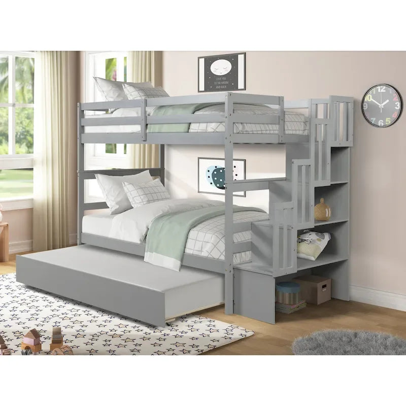 Etagenbett (Twin über Twin) mit ausziehbarem Bett und Treppe mit Stauraum in Grau