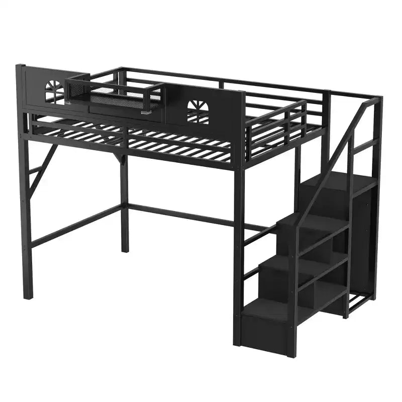 ModernLuxe Hochbett für Full/Queen-Betten mit Treppe und integriertem Kleiderschrank, Metallbettgestell mit LED-Beleuchtung, USB-Ladestation und Ablagefächern