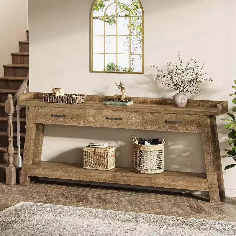 Lantine 2-stöckiger Sofatisch mit 3 Schubladen, 180 cm Konsolentisch mit erhöhter Ablage und Staufächern für Wohnzimmer, Flur, Eingangsbereich
