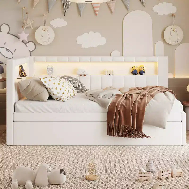 Einzel-/Doppel-Tagesbett mit Ausziehbett und L-förmigem Bücherregal-Kopfteil, gepolstertes Eckbett aus Leinen mit Ablageregalen und LED-Beleuchtung