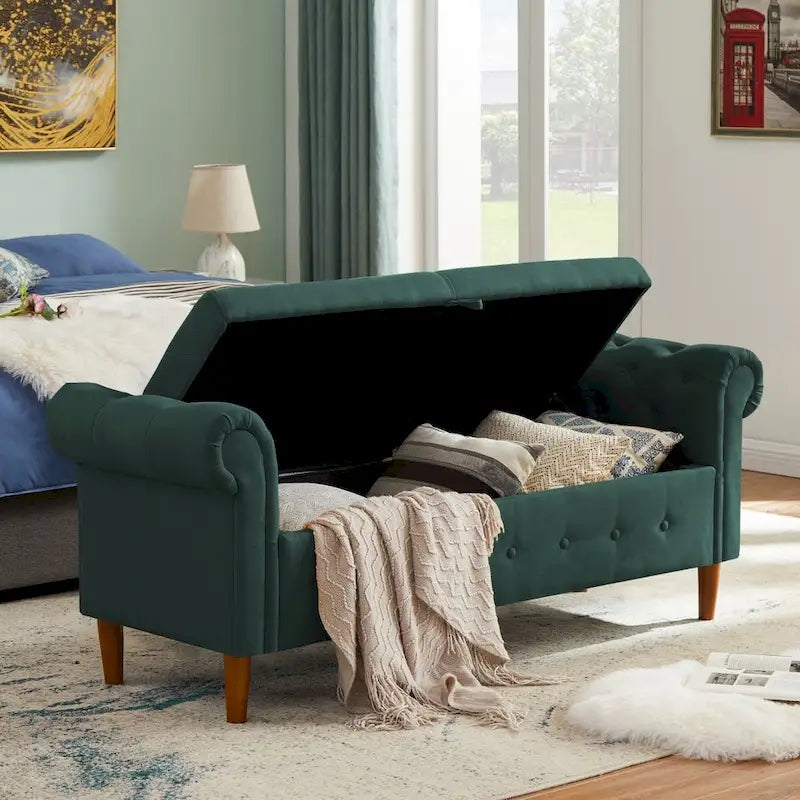 Sitzbank für Schlafzimmer, am Fußende des Bettes, mit gerollten Armlehnen, Samt-Ottomane, lange Bank