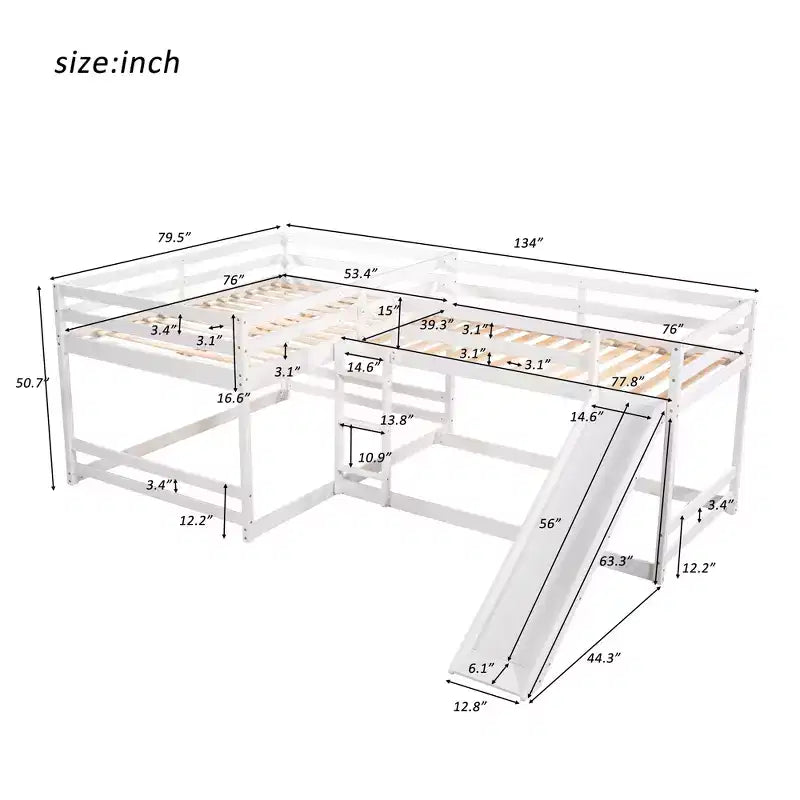 L-förmiges Etagenbett für 4 Kinder, Vierfach-Etagenbett mit Rutsche, Voll- und Twin-Holzrahmen für Schlafzimmer/Wohnheim