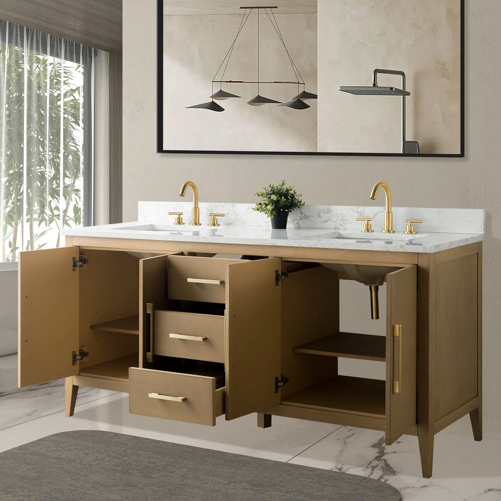 Vanity Art 72 Zoll Badezimmer-Waschtischunterschrank mit Doppelwaschbecken und Kunstmarmorplatte