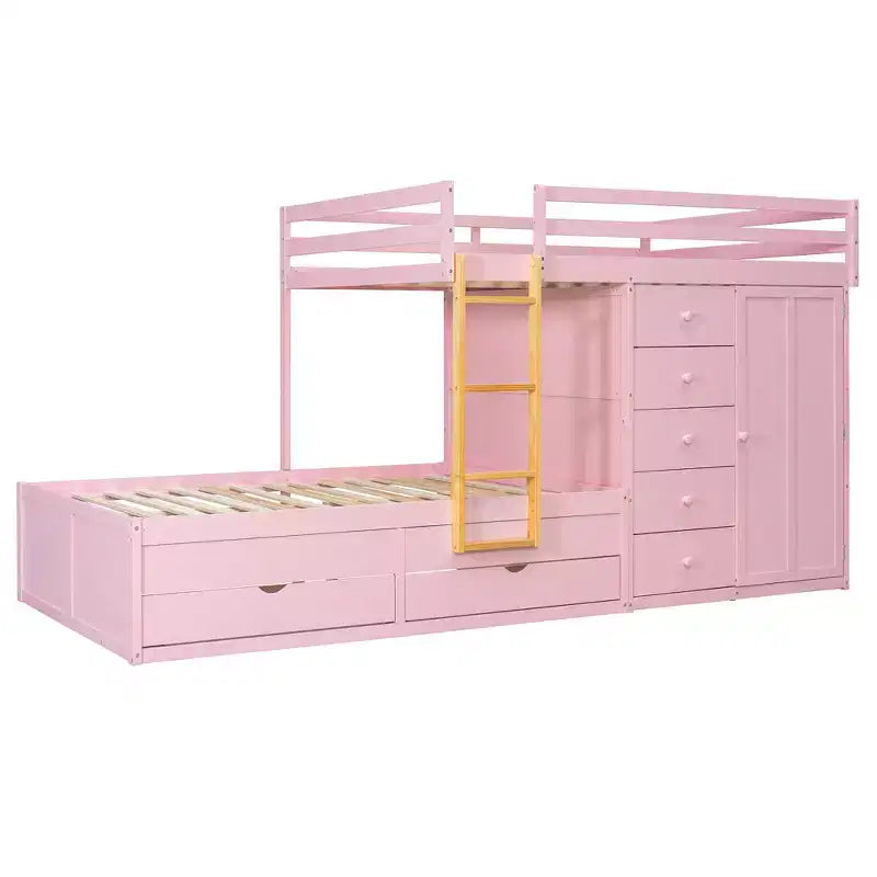 Etagenbett „Full-over-Full“ mit Kleiderschrank und Schubladen, platzsparendes Etagenbett aus Holz in voller Größe mit Rausfallschutz für Apartment, Schlafzimmer