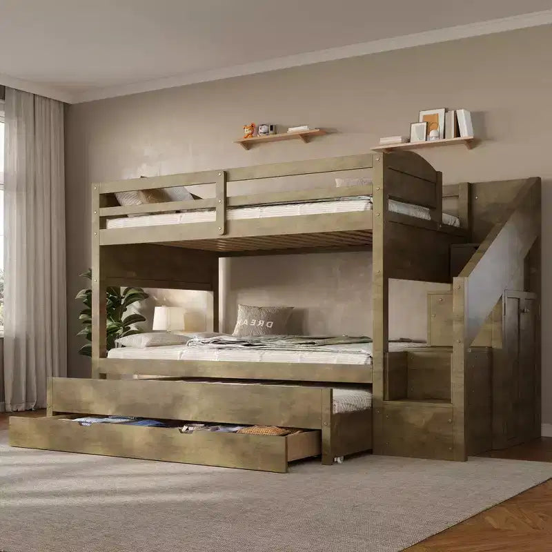 Whisen Twin XL Etagenbett mit Ausziehbett, Etagenbett mit Stauraum, Etagenbett aus Massivholz, Treppe mit Stauraum, Kleiderschrank, 3 Schubladen, für Kinder