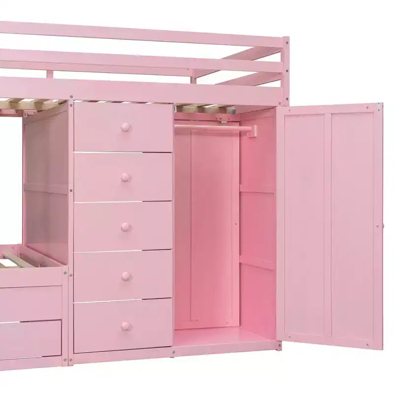 Etagenbett „Full-over-Full“ mit Kleiderschrank und Schubladen, platzsparendes Etagenbett aus Holz in voller Größe mit Rausfallschutz für Apartment, Schlafzimmer