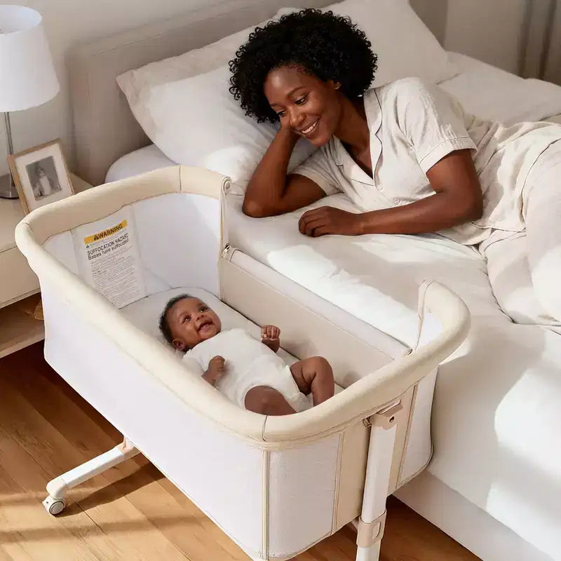 Baby-Beistellbett mit Rollen – Beige / Grau / Rosa, Bettschläfer, für 1 Baby