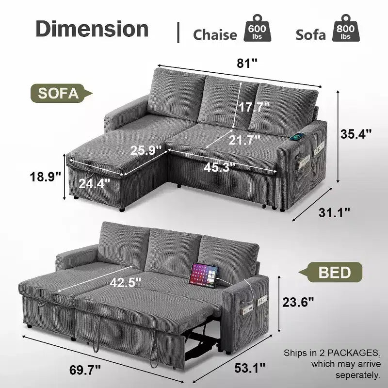 Dyonery 81 Sektional-Schlafsofa, L-förmige Ausziehcouch mit beidseitigem Stauraum, USB, verstellbare Rückenlehne