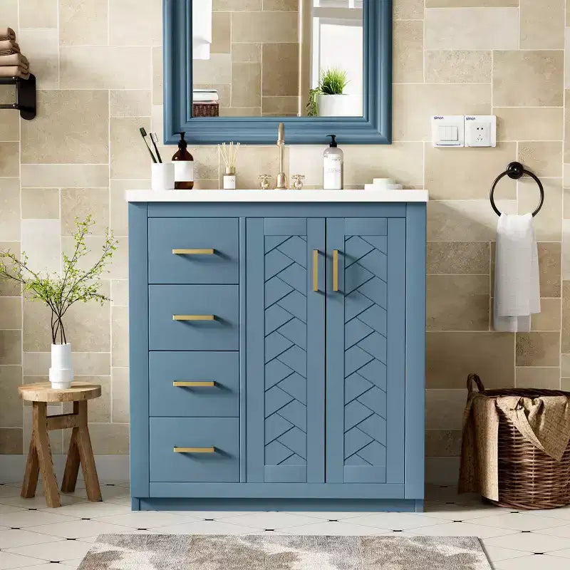 30 Zoll Einzelwaschtisch-Badschrank mit Unterschrank und 3 Schubladen – Schwarz / Blau / Grün / Indigo / Weiß