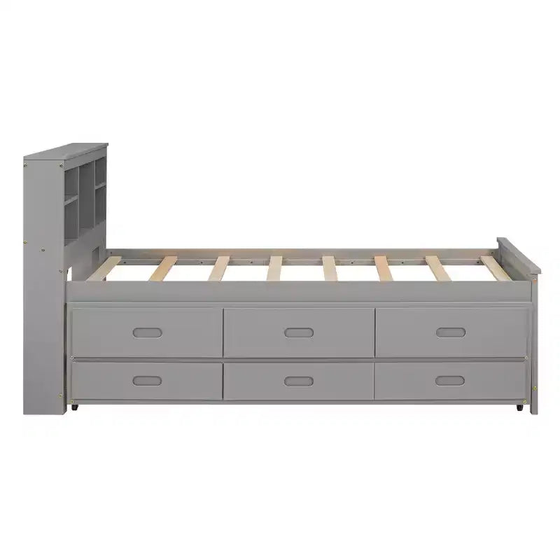 Plattformbett mit Rollbett und Schubladen, Stauraumbett mit USB-Anschluss, Holzbett mit Bücherregal