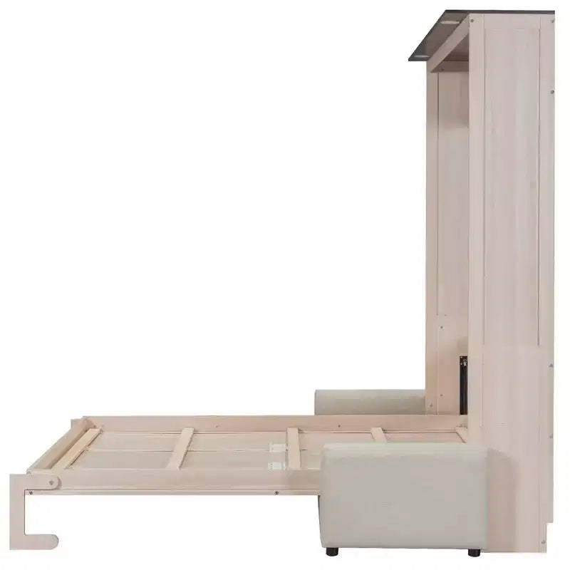 Murphy-Bett in Queen-Size mit Sofa, Queen-Schrankbett aus Holz mit LED-Beleuchtung, klappbares Truhenbett für Gästezimmer, Beige