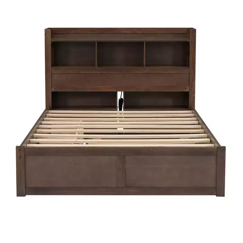 Plattformbett in voller Größe mit Stauraum, Ausziehbett, Kopfteil mit Bücherregal und Ladestation, Bettgestell aus Holz in voller Größe mit Regalen und Schubladen