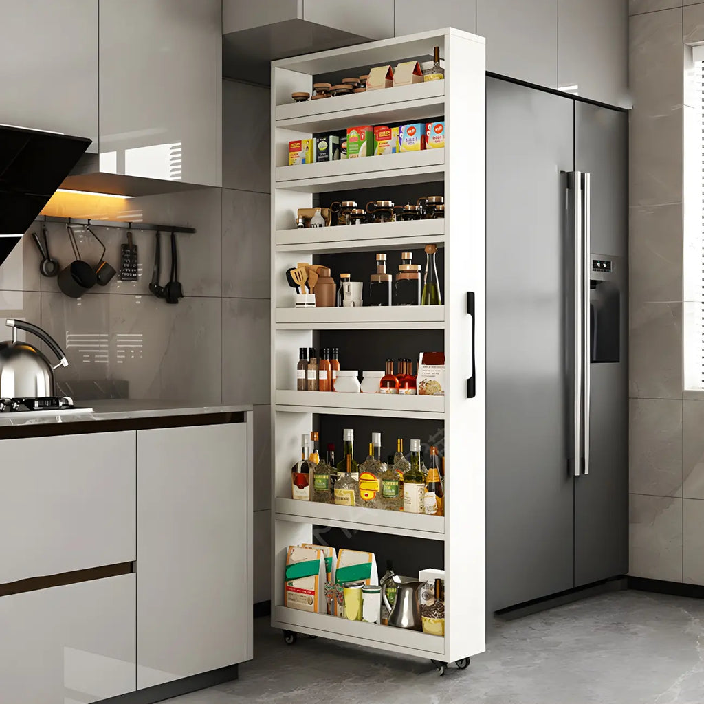 Modernes Holz-Buffet mit offenen Regalen und Rollen
