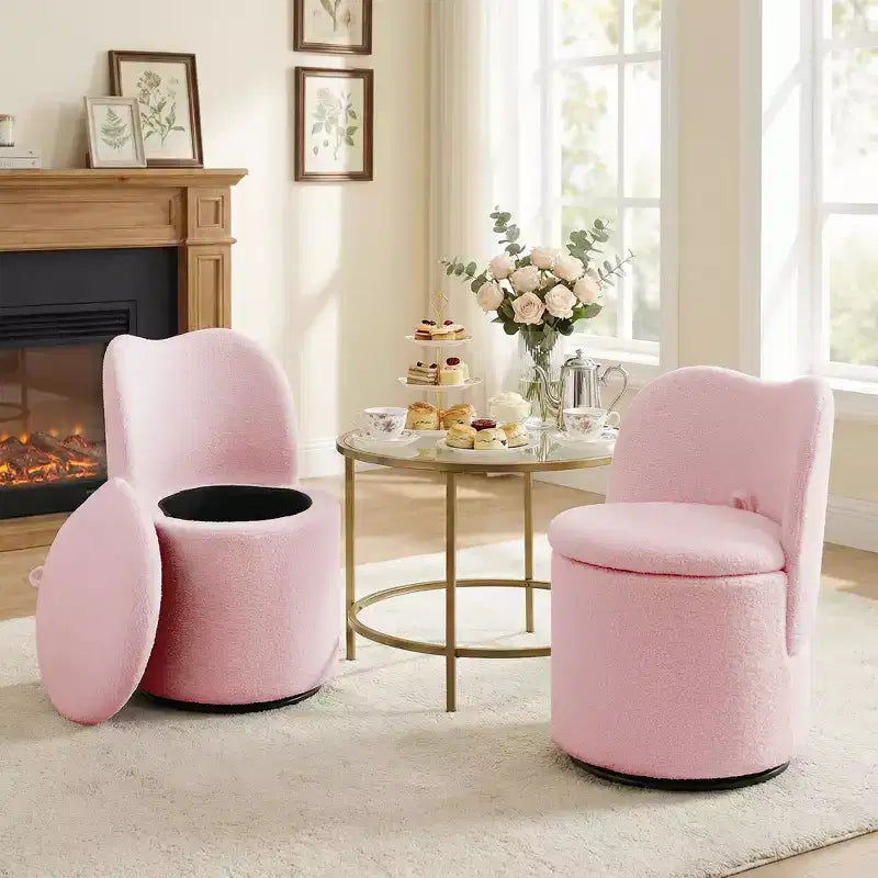 Drehbarer Schminkstuhl mit Stauraum, gepolsterter runder Make-up-Hocker mit Rückenlehne, weich gepolsterter Fass-Akzent-Sessel für Schlafzimmer und Wohnzimmer