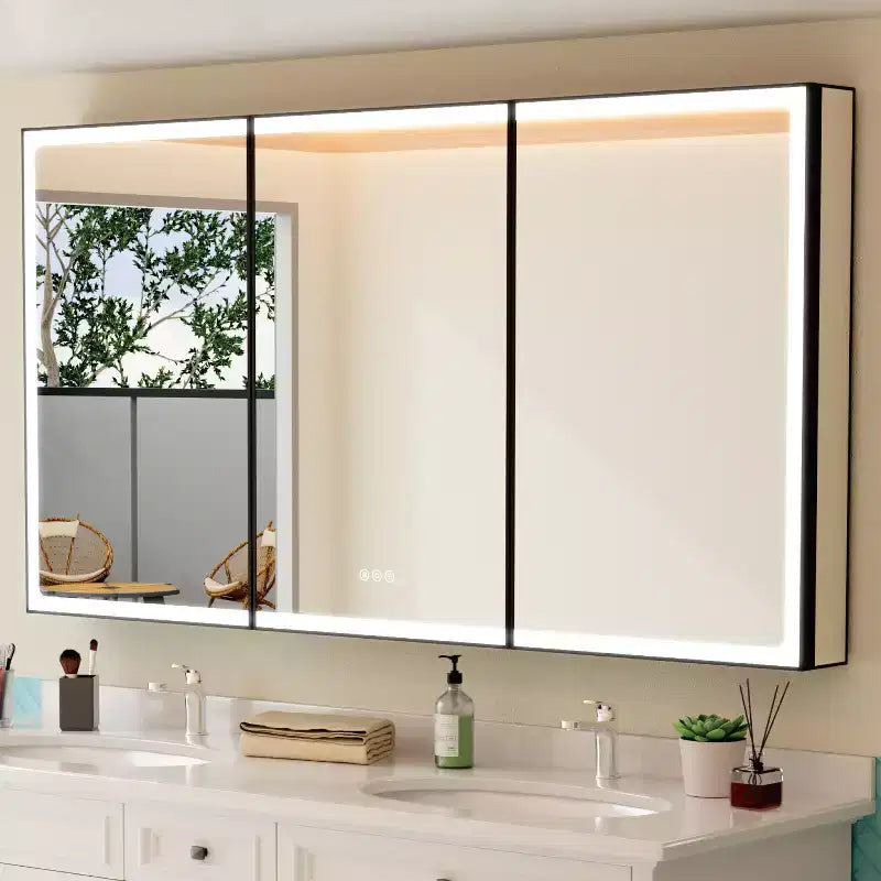 Badezimmer-Medizinschrank mit LED-Spiegel, Auf- oder Unterputzmontage, dimmbares Licht, Antibeschlagfunktion, verstellbare Ablagen