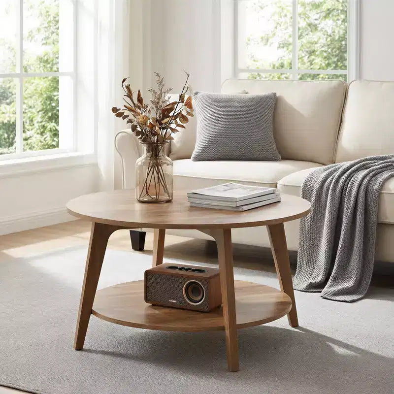 Honigbrauner runder Couchtisch mit 2 Ablageflächen, Maße 80 x 45 cm, ideal für das Wohnzimmer