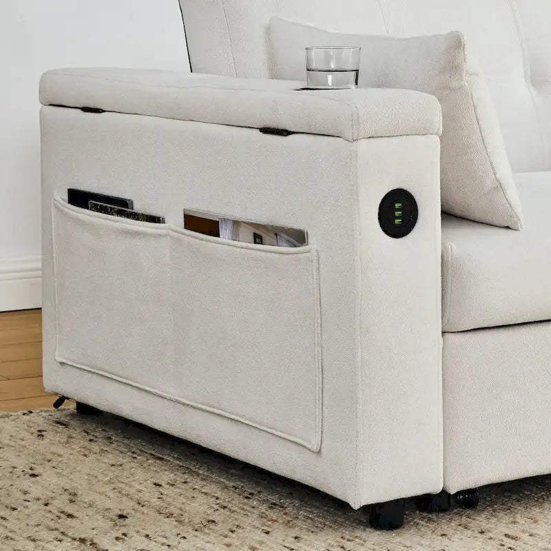 54 Schlafsofa zum Ausziehen, 2-Sitzer-Schlafsofa mit Stauraum, Lendenkissen, USB-Steckdose