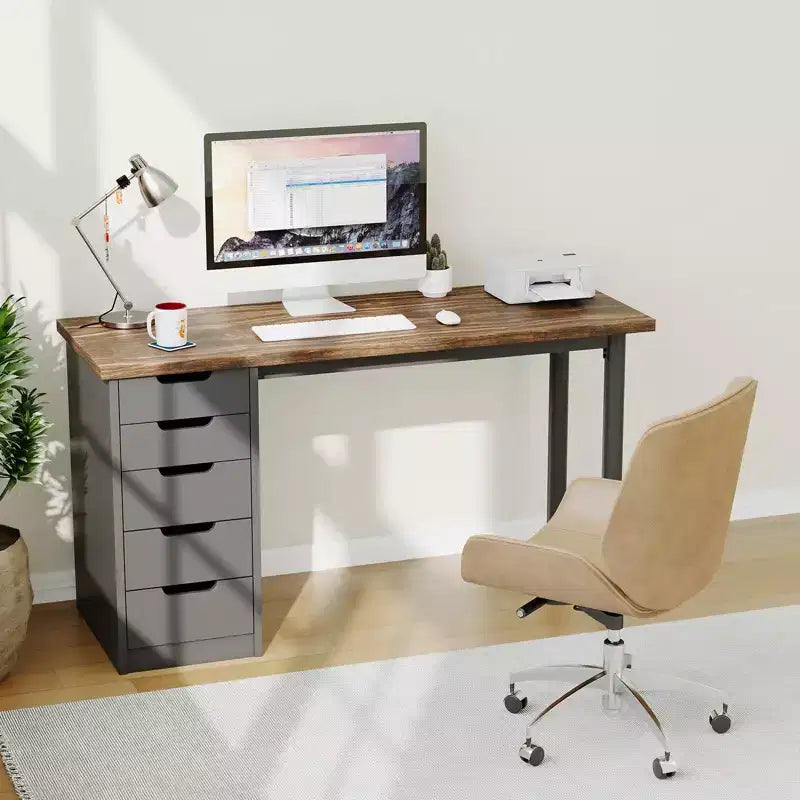 47 Zoll Computertisch mit 5 Schubladen, umkehrbarer moderner rustikaler Schreibtisch, Home-Office-Arbeitsplatz für kleine Räume