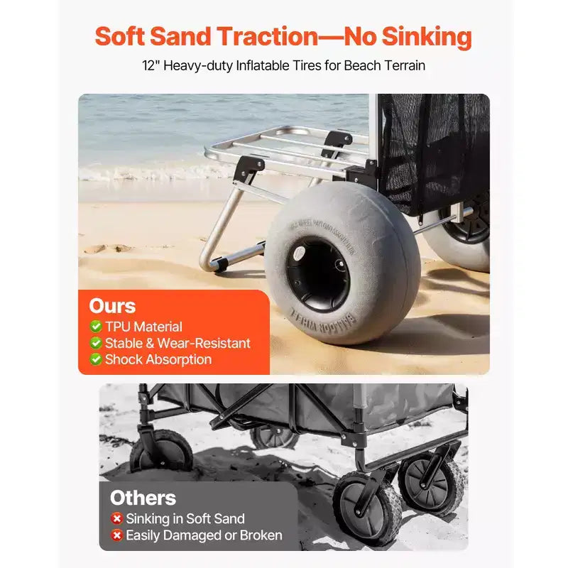 VEVOR Strand-Dolly mit großen Rädern für Sand, 50,8 x 38,1 cm Ladefläche, faltbarer Sandwagen mit 30,5 cm Ballonrädern, 75 kg Tragkraft, Silber+Schwarz