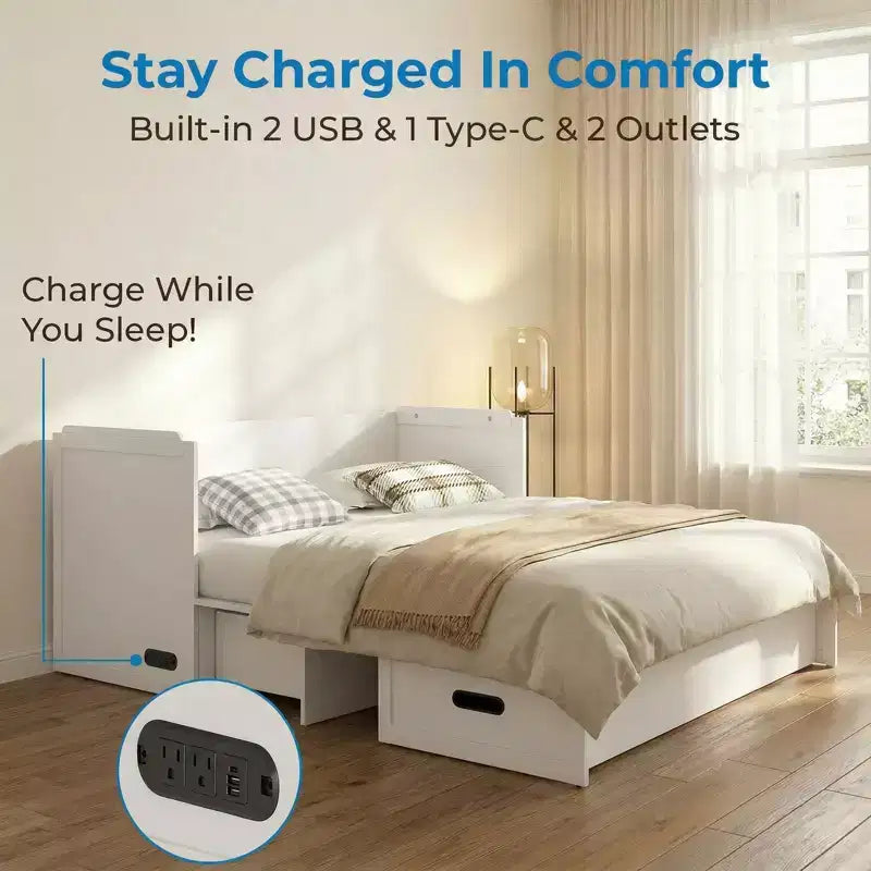 Mjkone Queen-Size-Schrankbett mit Matratze, USB-Ladeanschluss und Aufbewahrungsschubladen