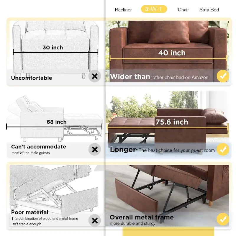 Verstellbares Schlafsofa, 3-in-1-Funktion, verschiedene Farben, für 1 Person