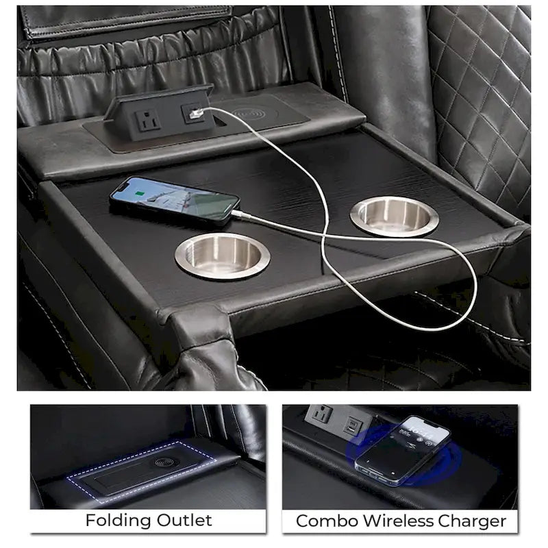 Elektrisches Relaxsofa mit kabellosem Ladegerät, Leselampe für das Wohnzimmer, Kunstleder-LED-Beleuchtung, AC/USB-Anschluss, Getränkehalter, Schwarz