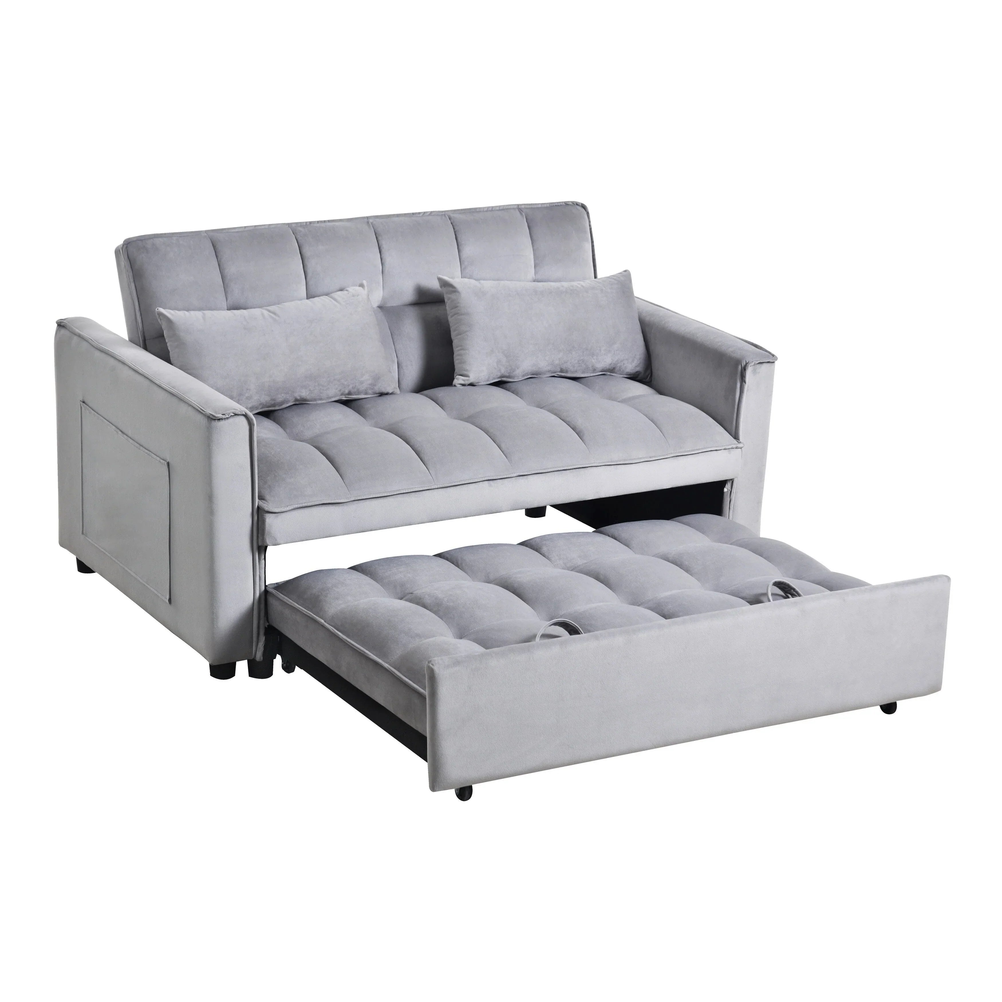 Modernes Schlafsofa zum Ausziehen, 3-in-1 Schlafsofa mit verstellbarer Rückenlehne, Samt-Zweisitzer, Kissen & Seitentaschen