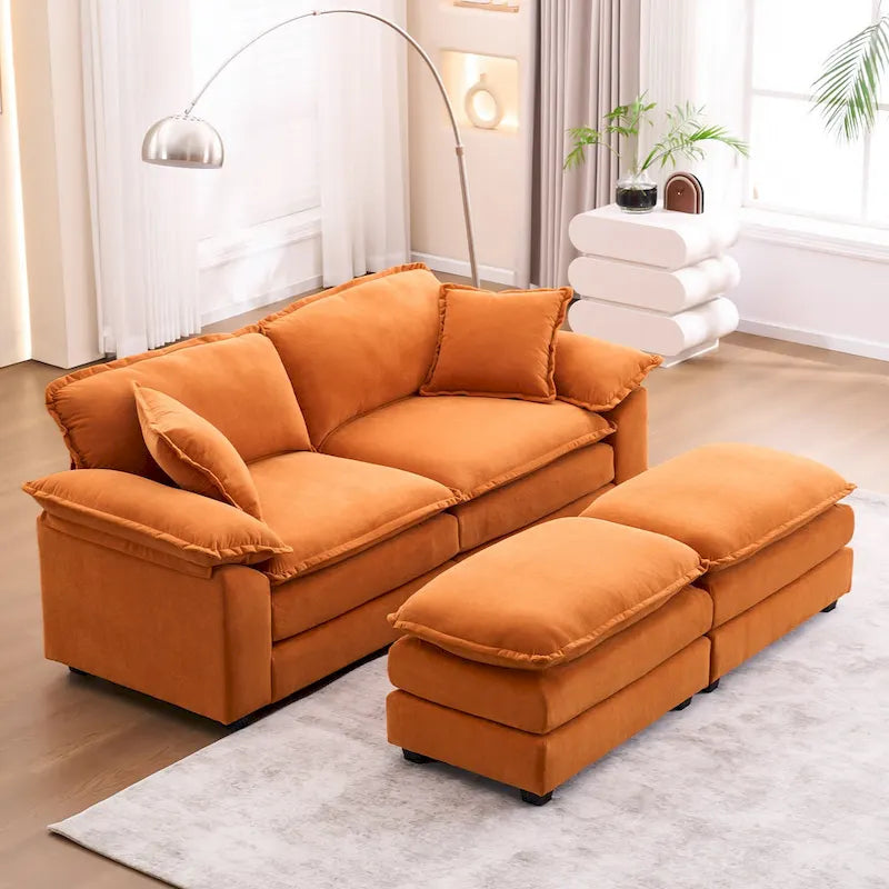 2-Sitzer-Sofa mit 2 Kissen, 2 Polstern und 2 Hockern, bequemes Sofa – Tiefes Wohnzimmersofa, Modulsofa