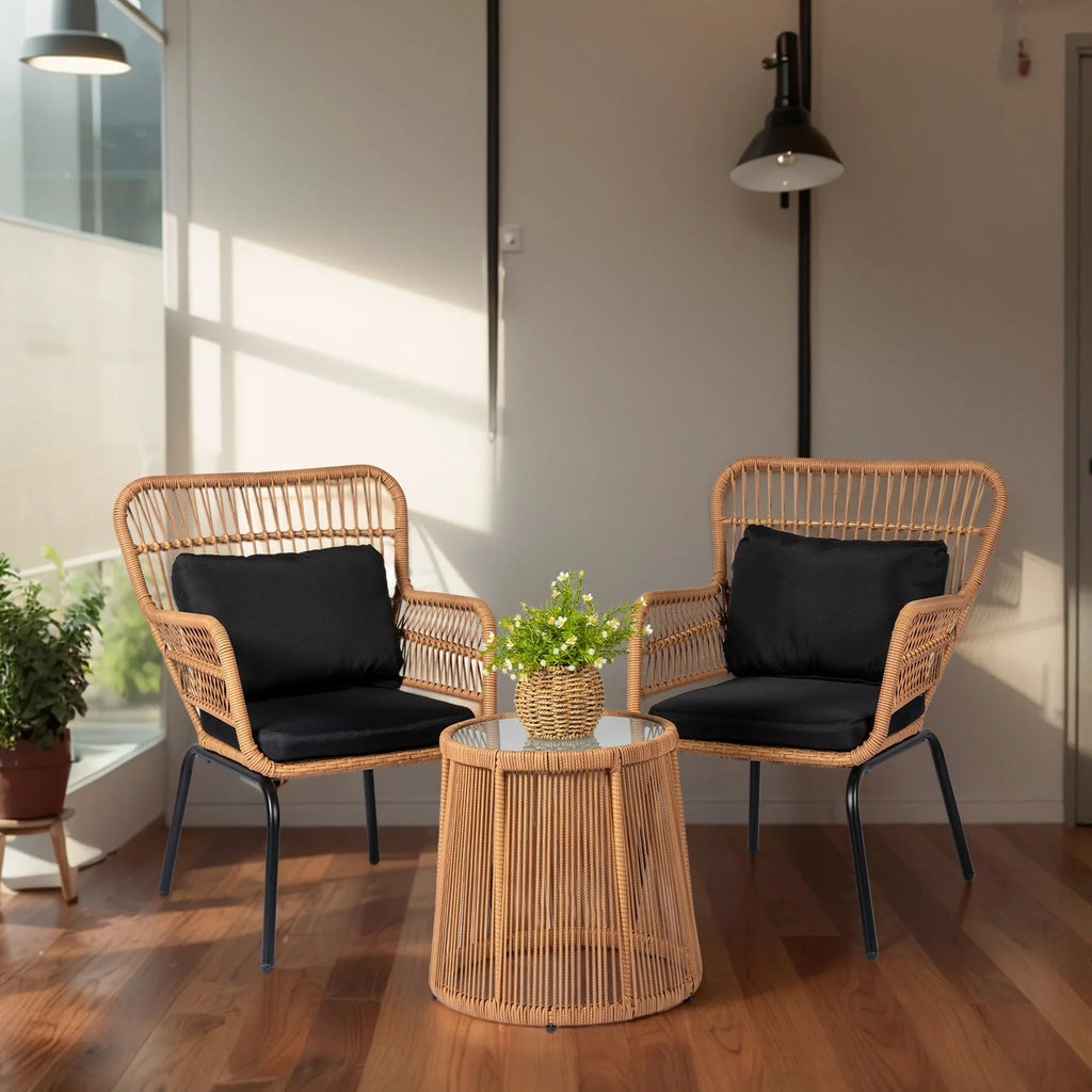 3-teiliges Outdoor-Bistro-Set aus Korbstühlen, witterungsbeständige Rattanmöbel-Sitzgruppe mit Kissen