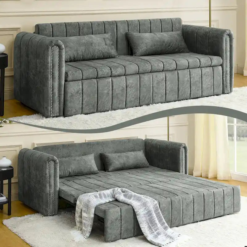 Modernes Schlafsofa aus Samt mit Rollarmen, verziert mit Kupfernägeln
