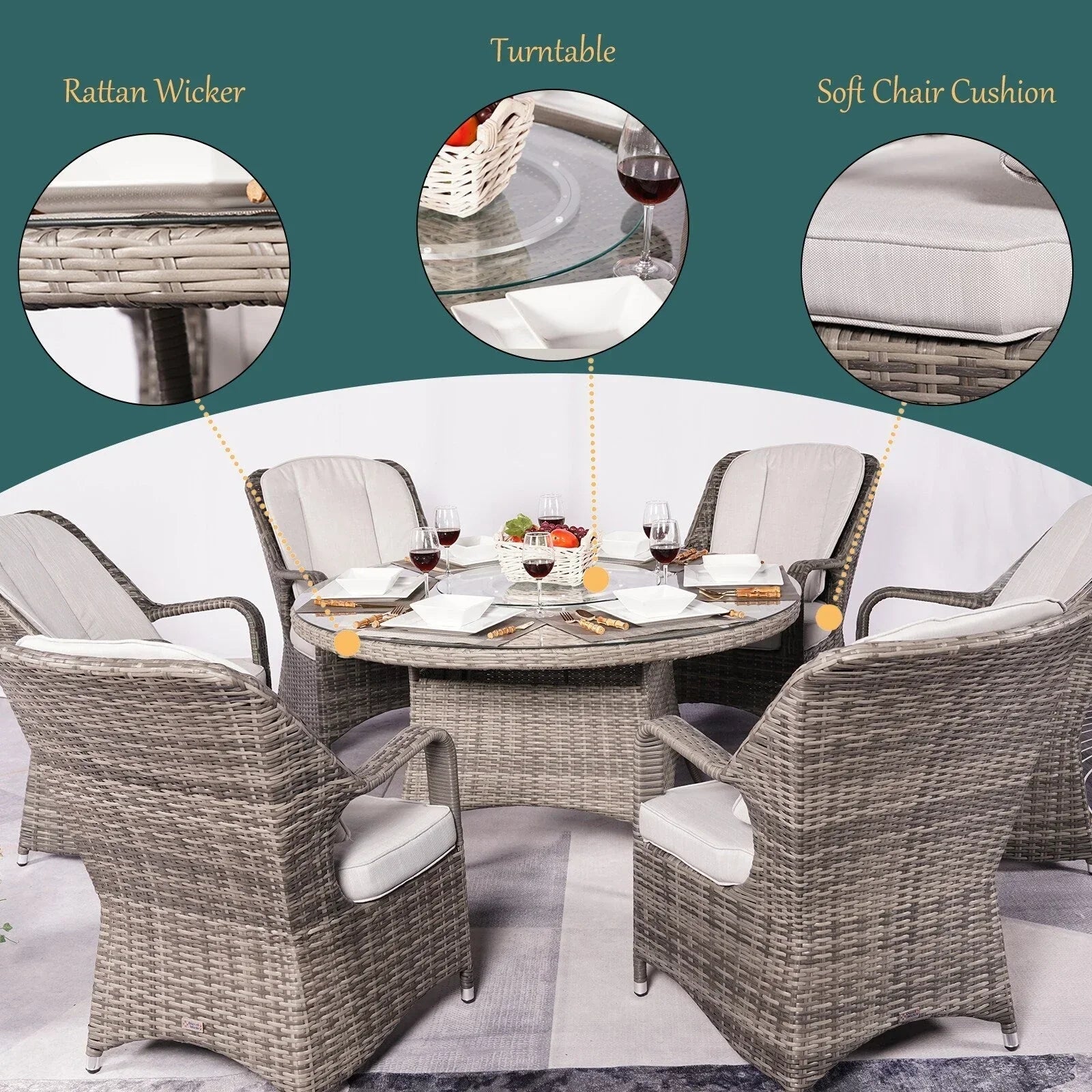 7-teiliges Garten-Essgruppe aus Rattan mit runden Kissen von Moda Furnishings