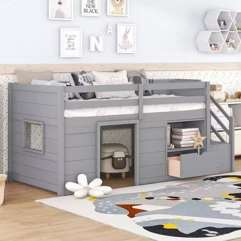 Okak Massivholz-Hochbett mit Treppe & Stauraum, Niedriges Etagenbett mit Schubladen & Regalen, Multifunktionales Hochbett für Kinder, Jugendliche
