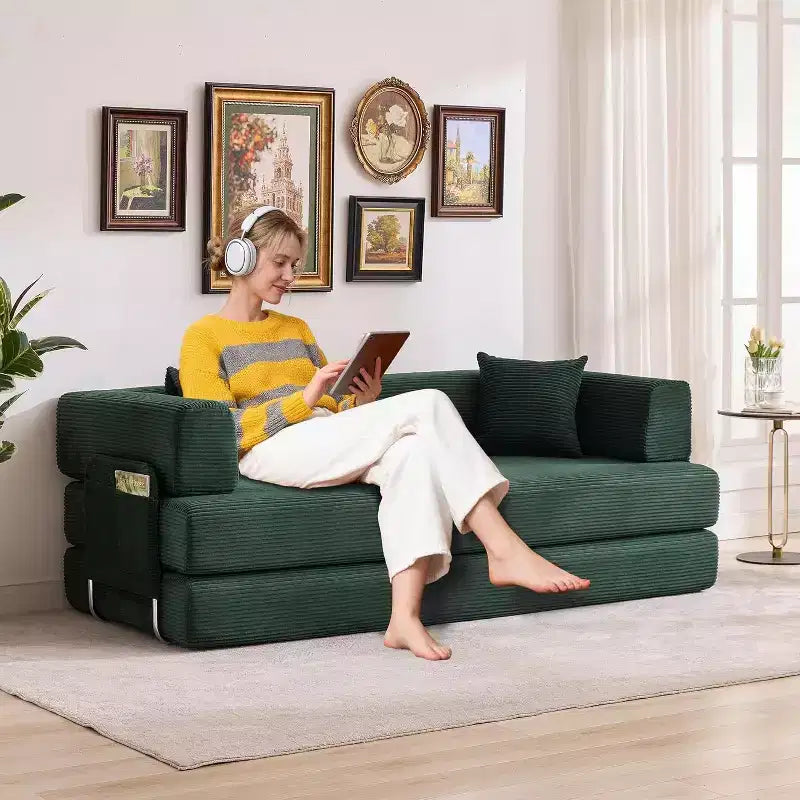 Cord-Boden-Schlafsofa mit Kissen, umwandelbaren Armlehnen und Rückenlehne, geeignet für Wohnzimmer, Schlafzimmer und Apartments.